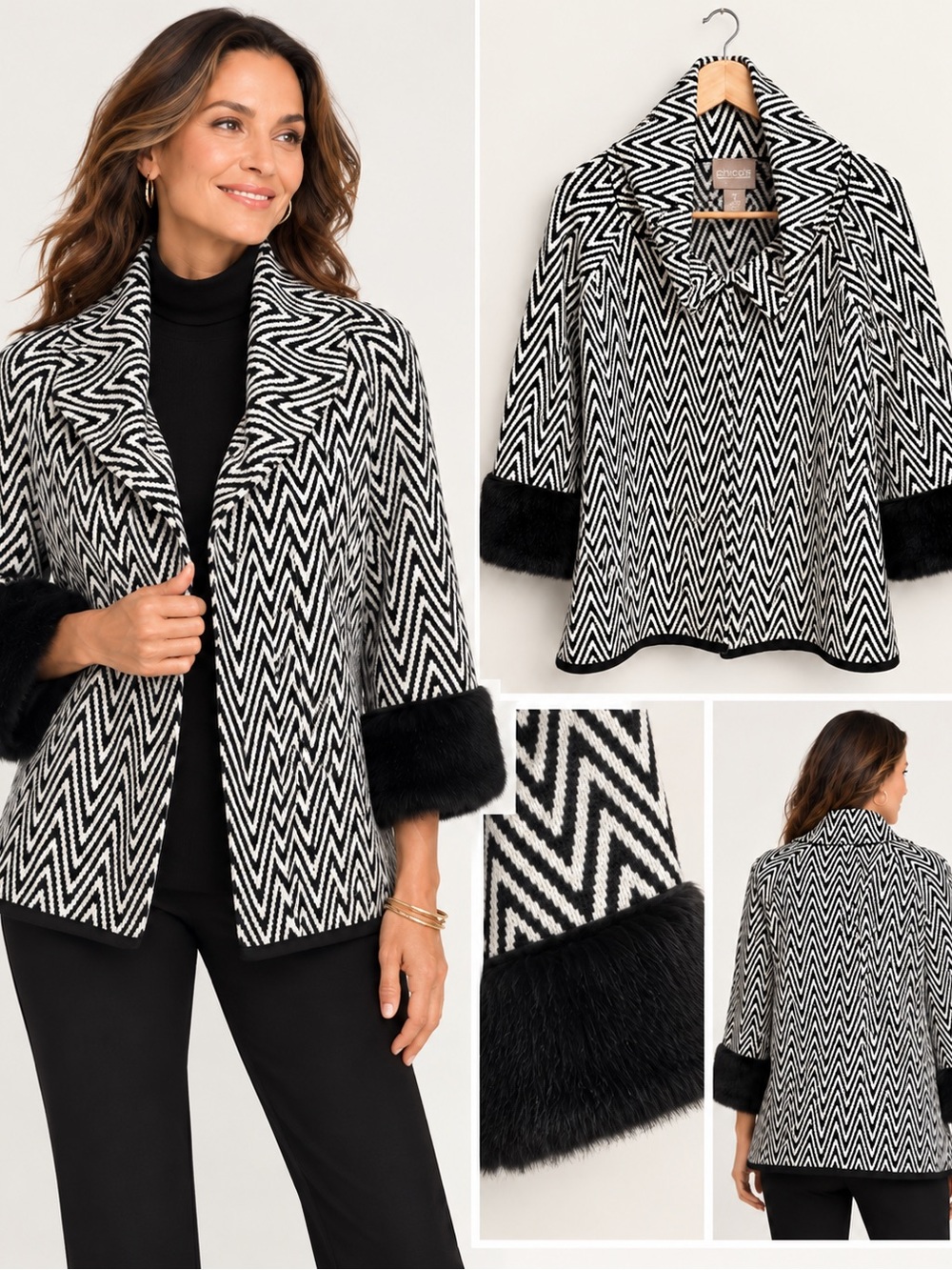 Chico's Black & White Chevron Faux-Fur Cuff Jacket